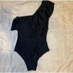 NWOT Black One-Shoulder Ruffle Swimsuit  Asymmetrical One Piece Size Small